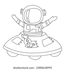Astronauta en el espacio. Ilustración vectorial en blanco y negro para libro de colorantes