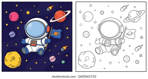 Astronaut in space. Black and white vector illustration for coloring book.