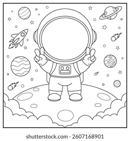 Astronaut in space. Black and white vector illustration for coloring book.