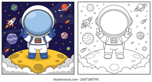 Astronaut in space. Black and white vector illustration for coloring book.