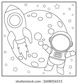 Astronaut in space. Black and white vector illustration for coloring book.