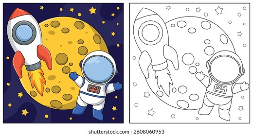 Astronaut in space. Black and white vector illustration for coloring book.