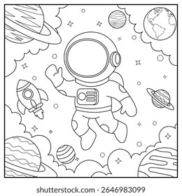 Astronaut in space. Black and white vector illustration for coloring book.