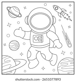 Astronauta no espaço. Ilustração vetorial em preto e branco para livro de colorir.