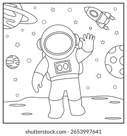 Astronaut in space. Black and white vector illustration for coloring book.