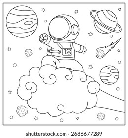 Astronauta en el espacio. Ilustración vectorial en blanco y negro para colorear libro.