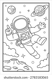 Astronaut in space. Black and white vector illustration for coloring book.