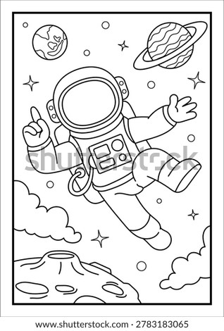 Astronaut in space. Black and white vector illustration for coloring book.