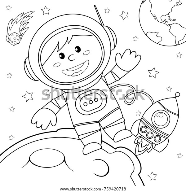 Astronaut in space. Black and white vector\
illustration for coloring\
book