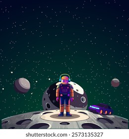 astronaut, space car, panoramic view, stars, planets, neon, expedition, tourism, advertising, vector graphics, design