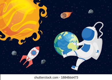 astronaut space character with planets and sun vector illustration design