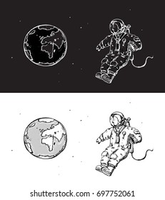 Astronaut in space character sketch Vector illustration on black and white