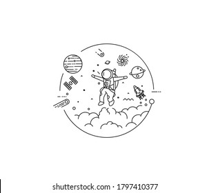 Astronaut in space circle, Flat Line Art Design illustration.