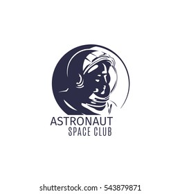 Astronaut space club logo design in retro style with astronaut silhouette. Vector illustration