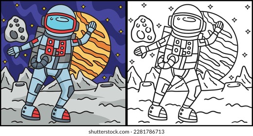 Astronaut In Space Coloring Page Illustration