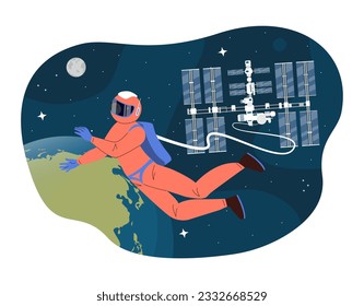 Astronaut in space concept. Man in suit near shuttle. Space scientific expeditions. Travel and adventure. Character near planets at stars. Galaxy and universe. Cartoon flat vector illustration