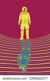 Astronaut in space. Cosmonaut abstract retro poster. Man in spacesuit