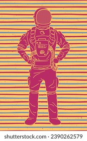 Astronaut in space. Cosmonaut abstract retro poster. Man in spacesuit