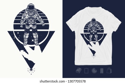 Astronaut in space. Cosmonaut in deep universe. Print for t-shirts and another, trendy apparel design. Spaceman art 