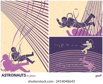 Astronaut in space. Cosmonaut in spacesuit. Sci fi retro poster set