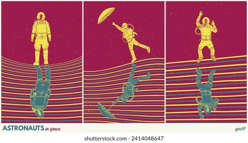 Astronaut in space. Cosmonaut in spacesuit. Sci fi retro poster set