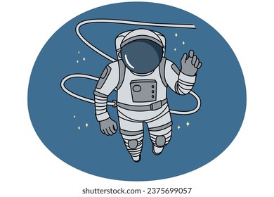 Astronaut in space costume flying in open universe. Cosmonaut in in spacesuit in cosmos. Astrology and science. Vector illustration.