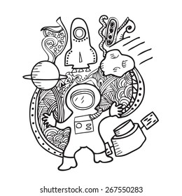 Astronaut space doodle cartoon vector