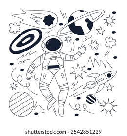 Astronaut in space doodle hand drawn Illustration