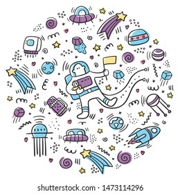 Astronaut in the space doodle logo. Vector hand drawn doodles cartoon set of space objects and symbols. Mug space print. Cosmos. Future and universe concept - vector.