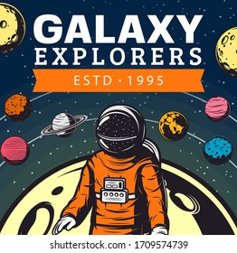 Astronaut in space expedition with planets vector design of astronomy science. Galaxy explorer or cosmonaut with space suit and helmet discovering cosmos, stars, Moon, Mars and Saturn with orbits