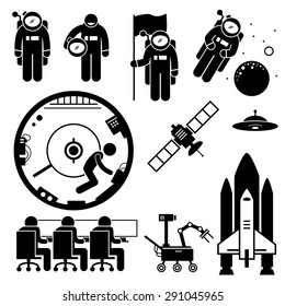 Astronaut Space Exploration Stick Figure Pictogram Icons