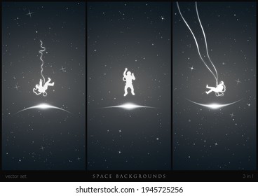 Astronaut in space. Falling cosmonaut. Man on swing. Glowing outline