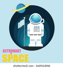 Astronaut in space with flag and planet in round frame