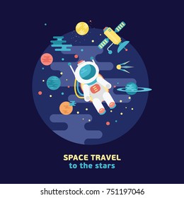 Astronaut in space, flat style, poster, round.