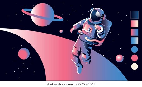 Astronaut in space floating drifting on dark background in space and vivid colors