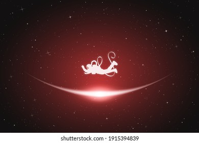 Astronaut in space. Flying cosmonaut silhouette. Glowing outline