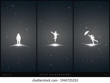 Astronaut in space. Flying cosmonaut silhouette set. Man with umbrella