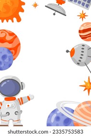 Astronaut and space frame with space elements. Galaxy frame for design, posters, backgrounds astronaut and space. Planet, comet, galaxy, alienships