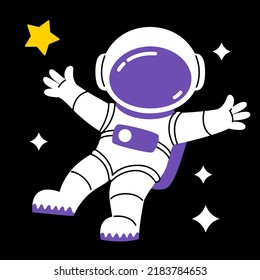 Astronauta en el espacio, gracioso personaje cómico. Ilustración de dibujos animados en diseño plano de moda