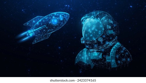 Astronaut in space galaxy close up and wireframe rocket. Futuristic polygonal cosmonaut helmet, spaceship. Starry abstract background with glowing human. Vector illustration. 