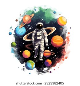 astronaut space galaxy illustration isolated in white background