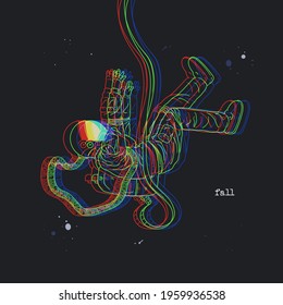 Astronaut in space. Glitch effect. Falling cosmonaut in spacesuit