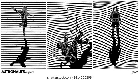 Astronaut in space. Graphic black white sci-fi poster set with lines