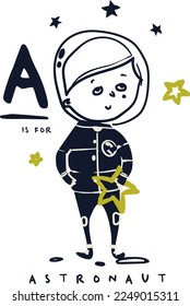 Patrón de impresión vectorial gráfico astronauta en el espacio. Carácter corto