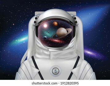 Astronaut space helmet realistic composition with outer space background stars galaxies and spacesuit with planets reflections vector illustration