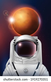 Astronaut Space Helmet Realistic Composition With Images Of Planets With Character Of Cosmonaut In Pressure Suit Vector Illustration