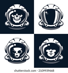 Astronaut space helmet in retro style. Spaceman head. Alien in astronaut helmet. Skull in spacesuit mask. Vector illustration.