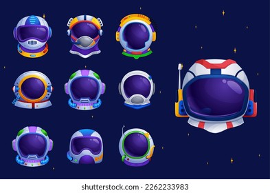 Cascos espaciales astronautas, aislados vectores de dibujos animados cosmonautas props elementos o máscaras con agujero para la cara para fiesta infantil o divertida cabina de fotos. Calzado cósmico lindo en cielo de galaxia lejana con estrellas brillantes