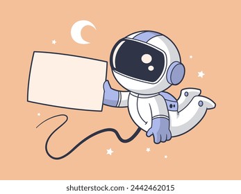 Astronaut in space holding blank message card board vector cartoon illustration in retro vintage style