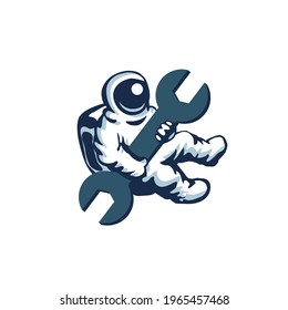Astronaut in space holding a wrench in his hands. Isolated vector illustration